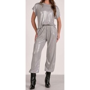 Elan Womens Silver Dash Grey Jogger Pants Elastic Waist Lounge Size L